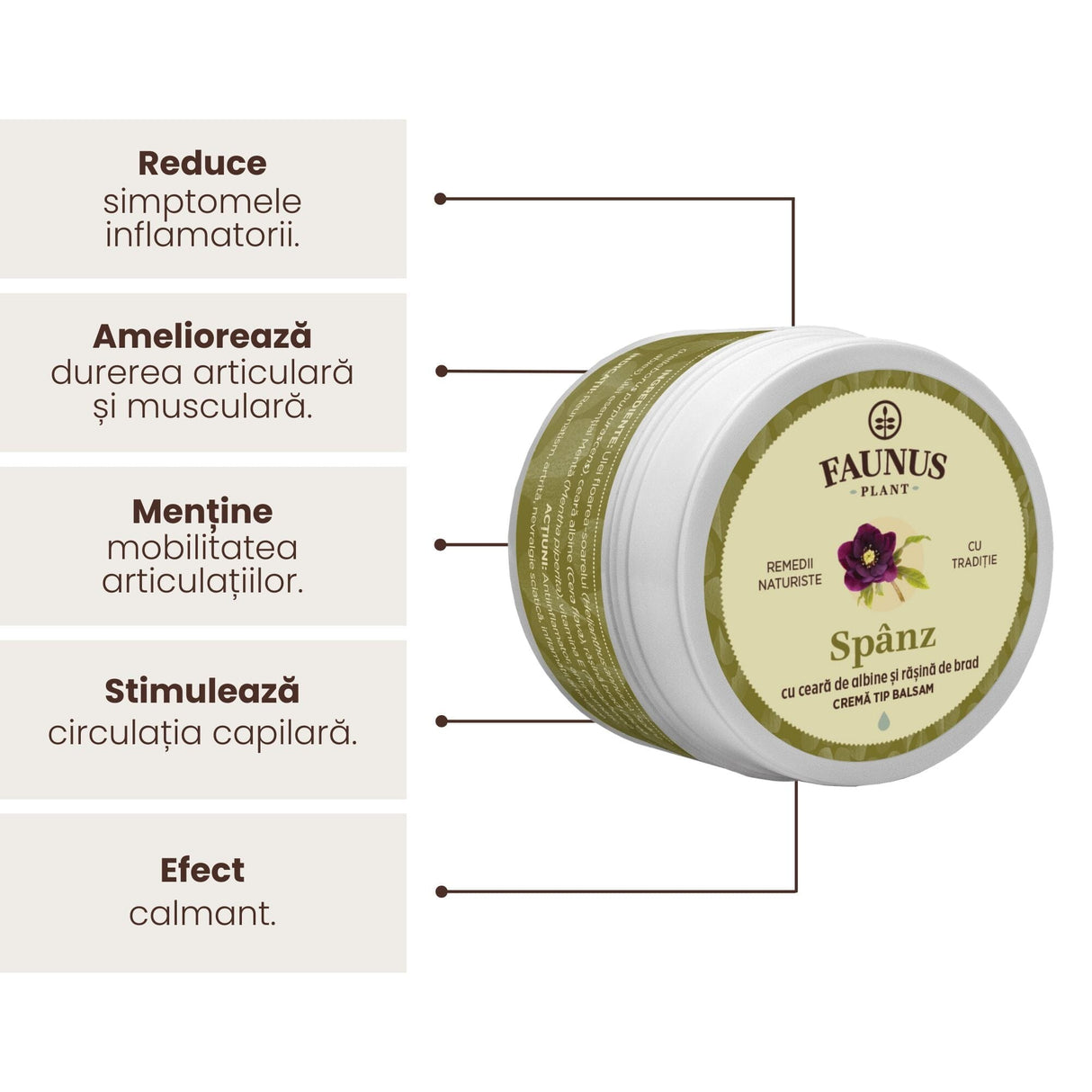 Imagine grafică care evidențiază beneficiile Unguentului Spânz 50 ml de la Faunus Plant, incluzând reducerea simptomelor inflamatorii, ameliorarea durerii articulare și musculare, menținerea mobilității articulațiilor, stimularea circulației capilare și are un efect calmant.