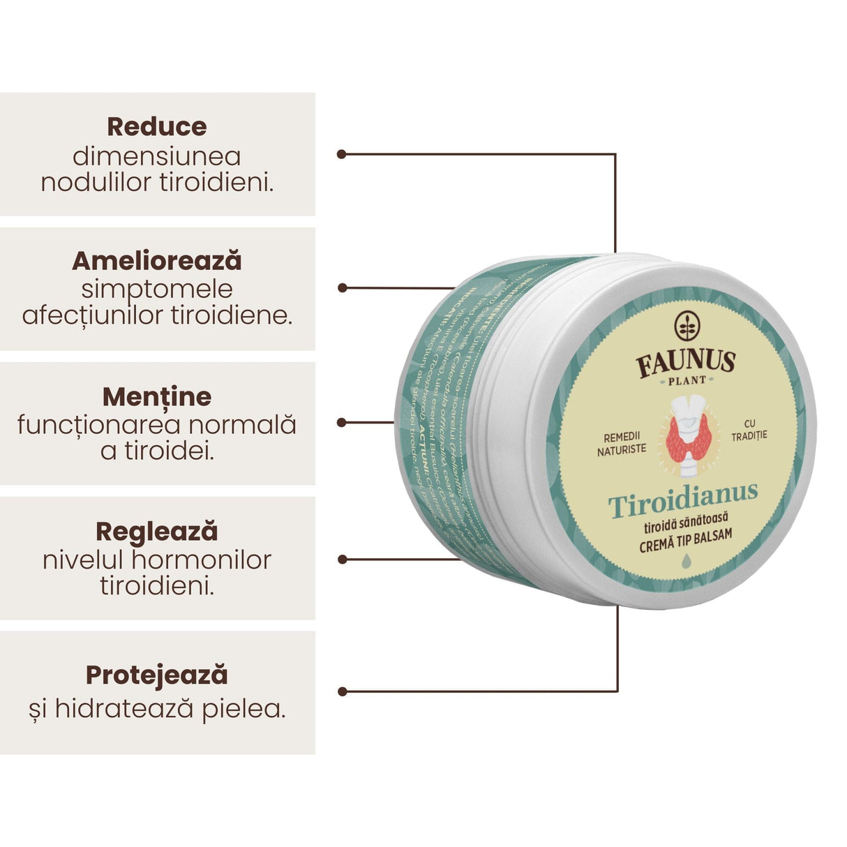 Imagine grafică care evidențiază beneficiile Unguentului Tiroidianus 50 ml de la Faunus Plant, incluzând reducerea nodulilor tiroidieni, ameliorarea simptomelor afecțiunilor tiroidiene, menținerea funcționării normale a glandei tiroidiene, reglarea nivelului hormonilor tiroidieni, și protejearea, respectiv hidratarea pielii.