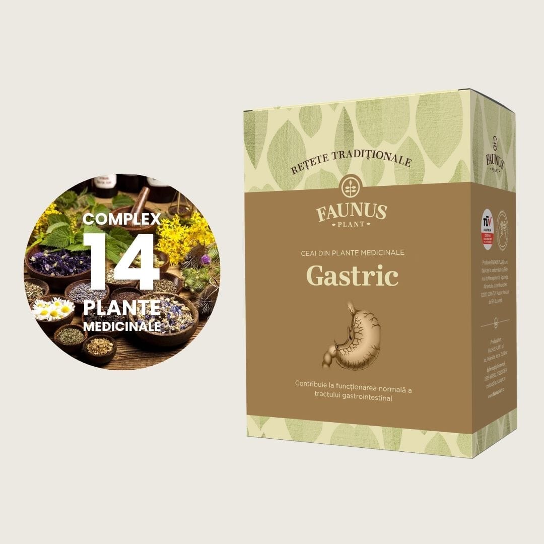 Cutie de Ceai Gastric 180g Faunus Plant, vedere frontală. Alături o poză circulară pe care este menționat faptul că are în componență 14 ingrediente principale