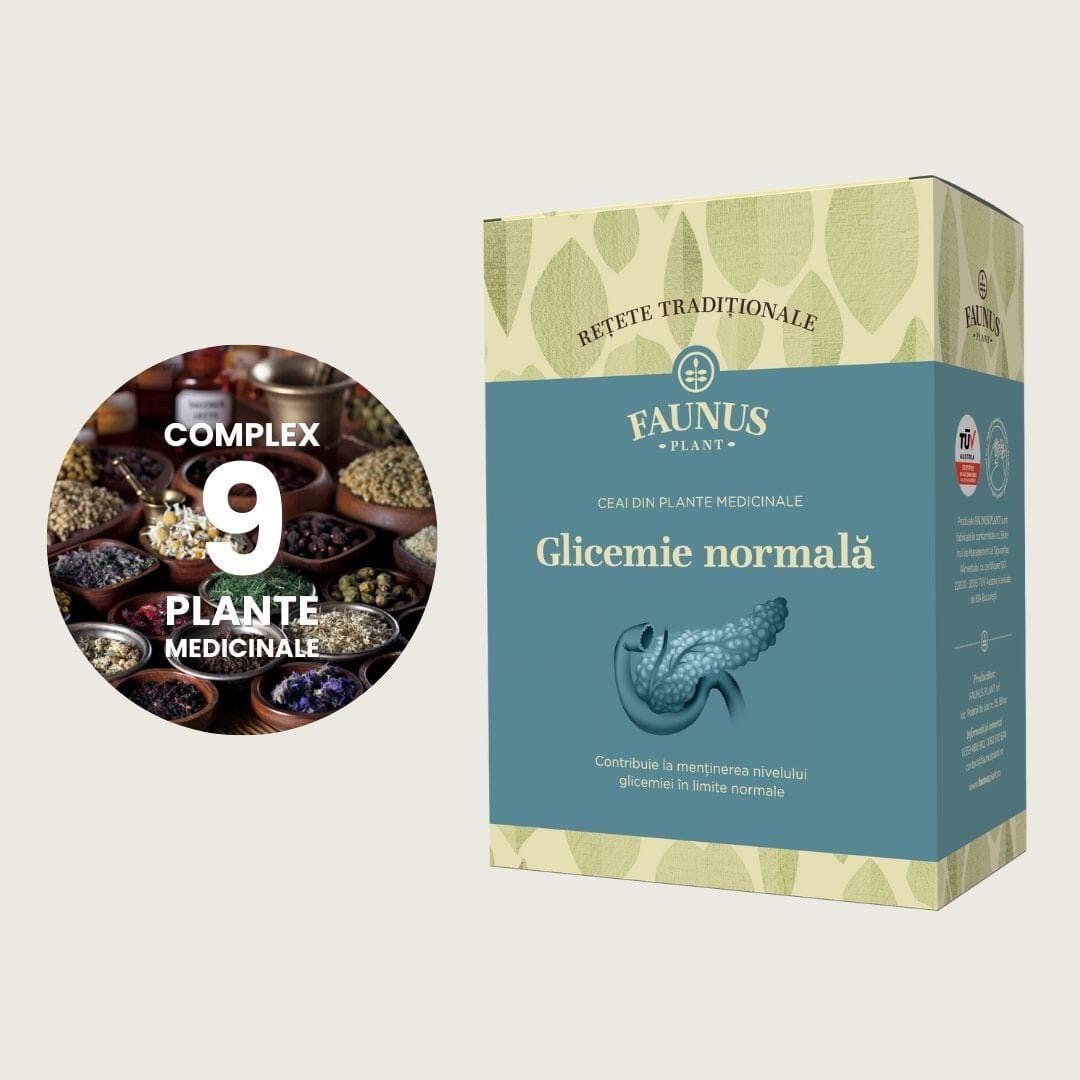 Cutie de Ceai Glicemie Normală Faunus Plant, vedere frontală. Colaj grafic cu cele 9 ingrediente principale.