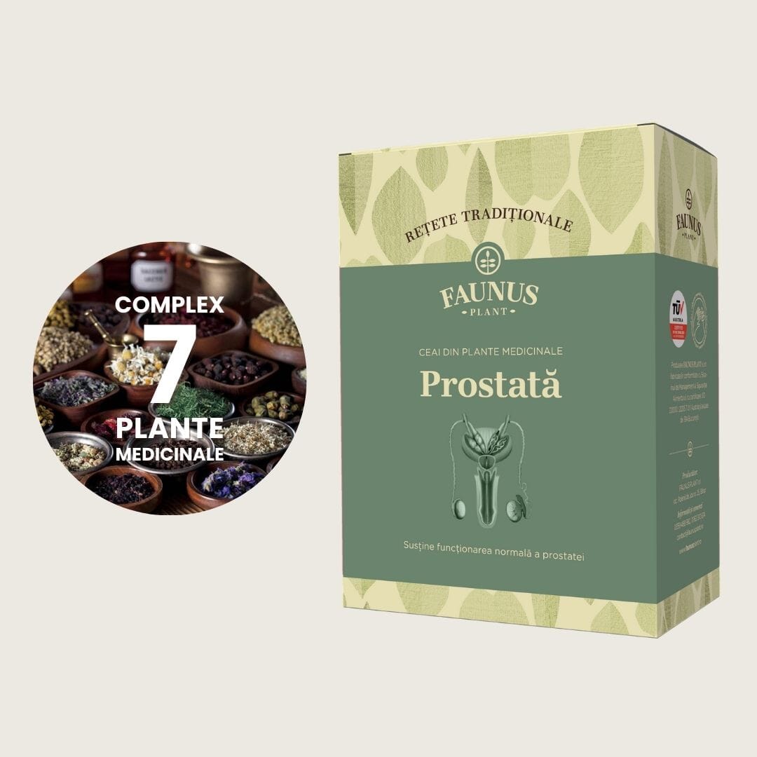 Cutie de Ceai Prostată Faunus Plant, vedere frontală. Colaj grafic cu cele 7 ingrediente principale.