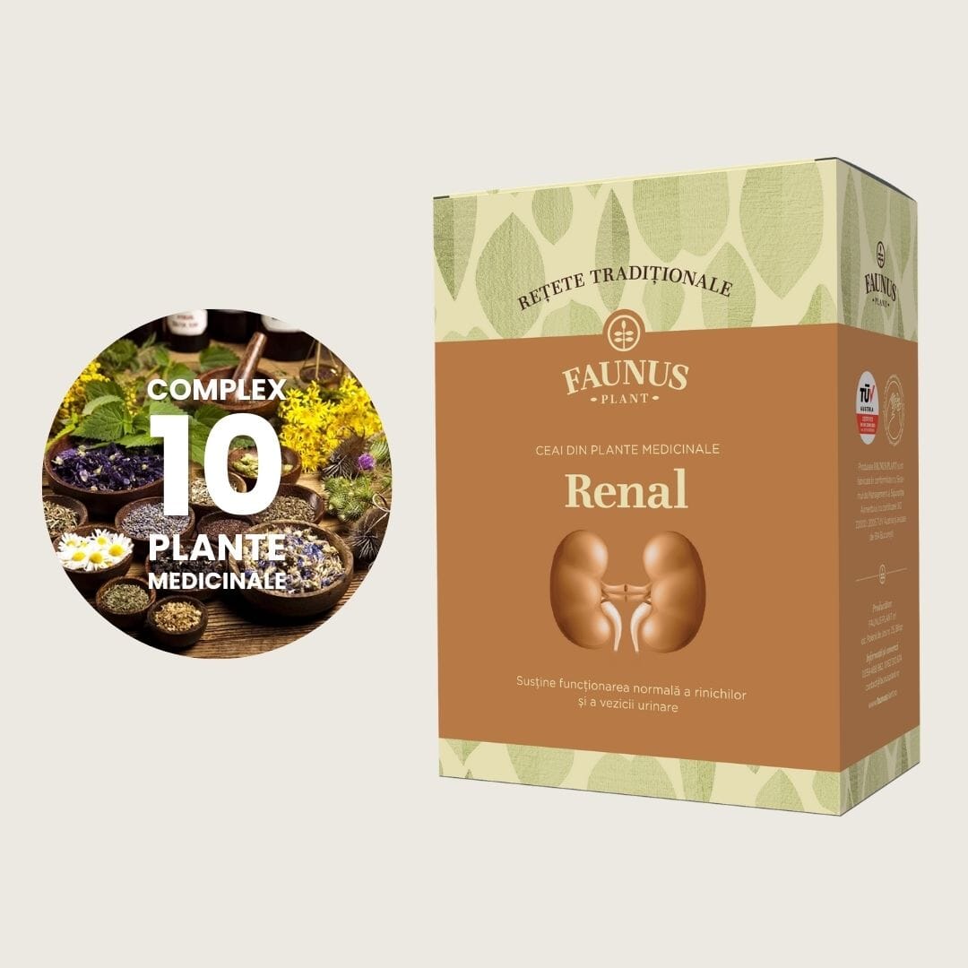 Cutie de Ceai Renal Faunus Plant, vedere frontală. Colaj grafic cu cele 10 ingrediente principale.