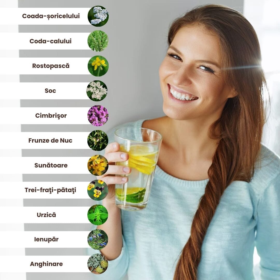 Grafică reprezentând lista ingredientelor din pachetul Detoxifiere de la Faunus Plant, incluzând plante precum coada-șoricelului, rostopască, frunze de nuc și sunătoare, alături de imaginea unei femei zâmbitoare.