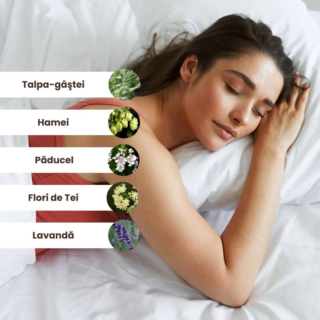 Colaj cu plante medicinale utilizate în Pachetul Sistem Nervos Sănătos de la Faunus Plant, incluzând talpa-gâștei, hamei, păducel, flori de tei și lavandă, fiecare ilustrată cu imagini individuale și etichete.