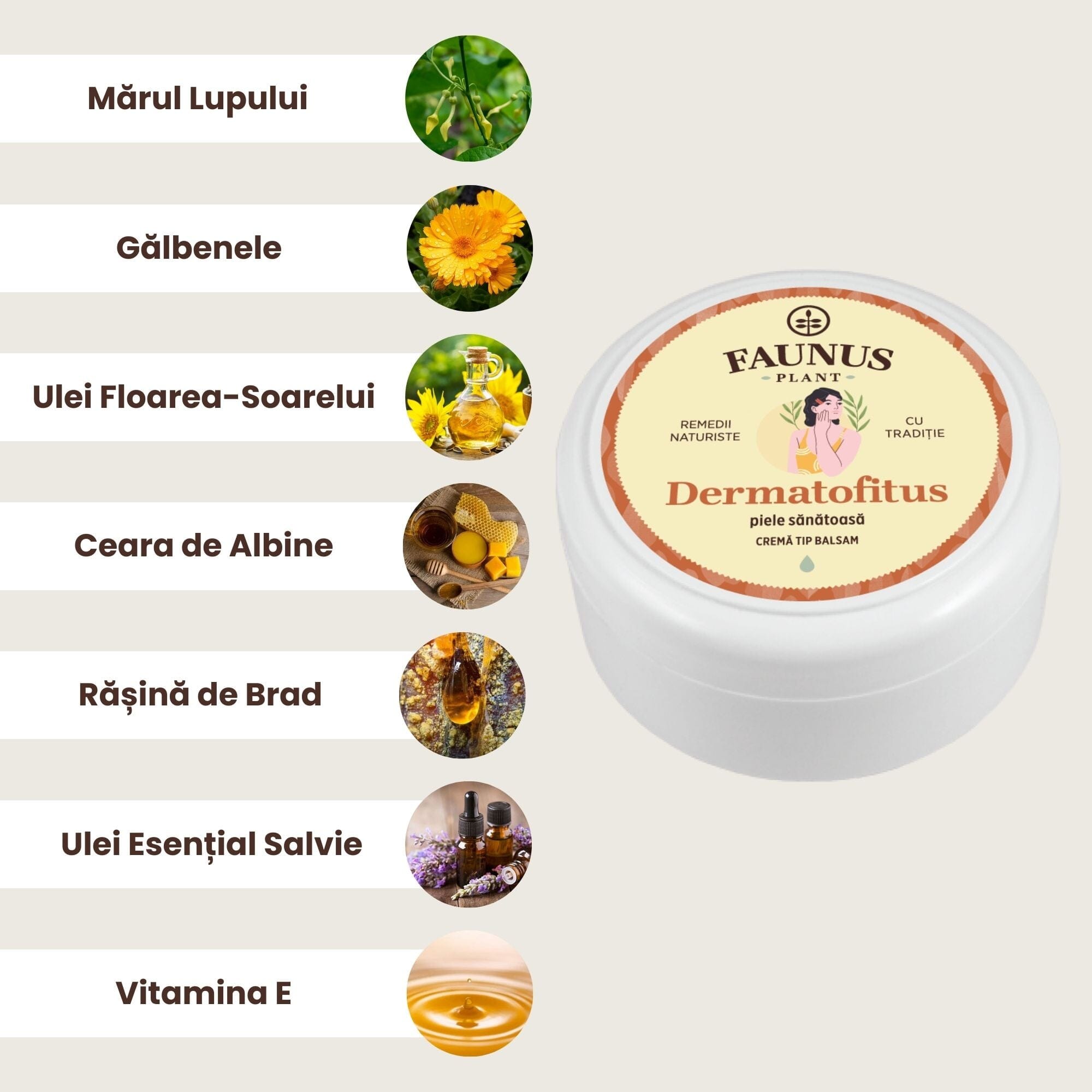 Grafică ce prezintă ingredientele principale ale unguentului Dermatofitus 100ml de la Faunus Plant: Mărul-lupului, Gălbenele, Ulei de Floarea-Soarelui, Ceară de Albine, Rășină de Brad, Ulei esențial de Salvie și Vitamina E.
