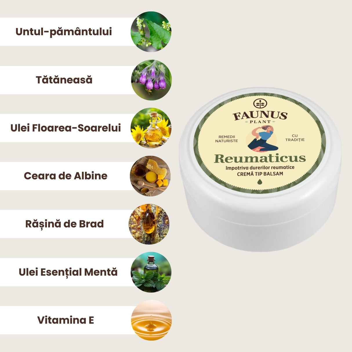 Imagine grafică cu ingredientele principale ale Unguentului Reumaticus 100 ml de la Faunus Plant, incluzând Untul -pământului, Tătăneasă, Ulei Floarea-Soarelului, Ceară de albine, rășină de brad, Ulei esențial de mentă, respectiv Vitamina E.