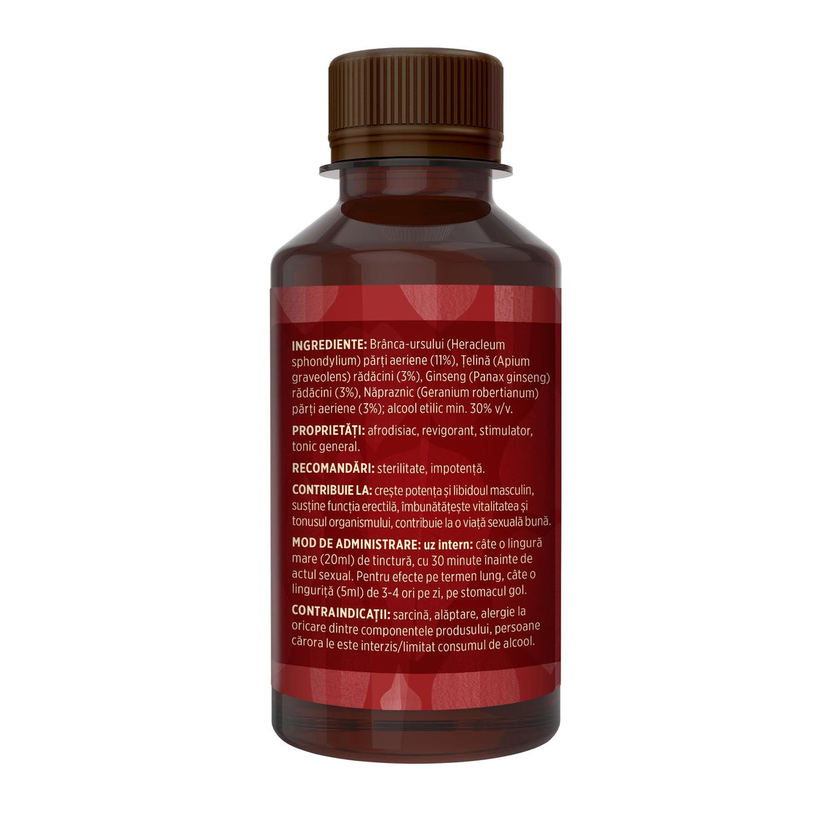 Imagine din lateral stânga cu Tinctura Afrodisiacus 200 ml de la Faunus Plant cu detalii despre proprietăți, ingrediente, mod de administrare și contraindicații