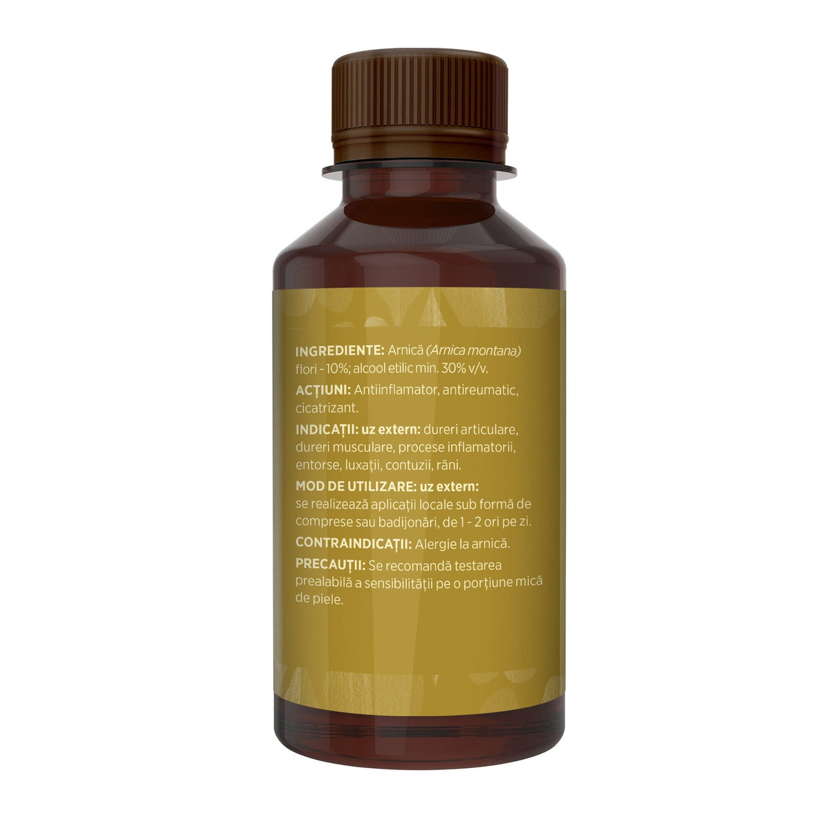 Imagine din lateral stânga cu Tinctură Arnică 200 ml de la Faunus Plant cu detalii despre proprietăți, ingrediente, mod de administrare și contraindicații