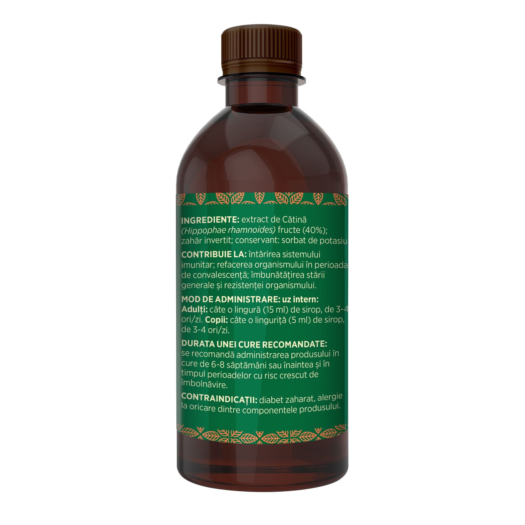 Imagine din lateral stânga al siropului de Cătină 500ml, cu detalii despre ingrediente, proprietăți, mod de utilizare, contraindicații și precauții.