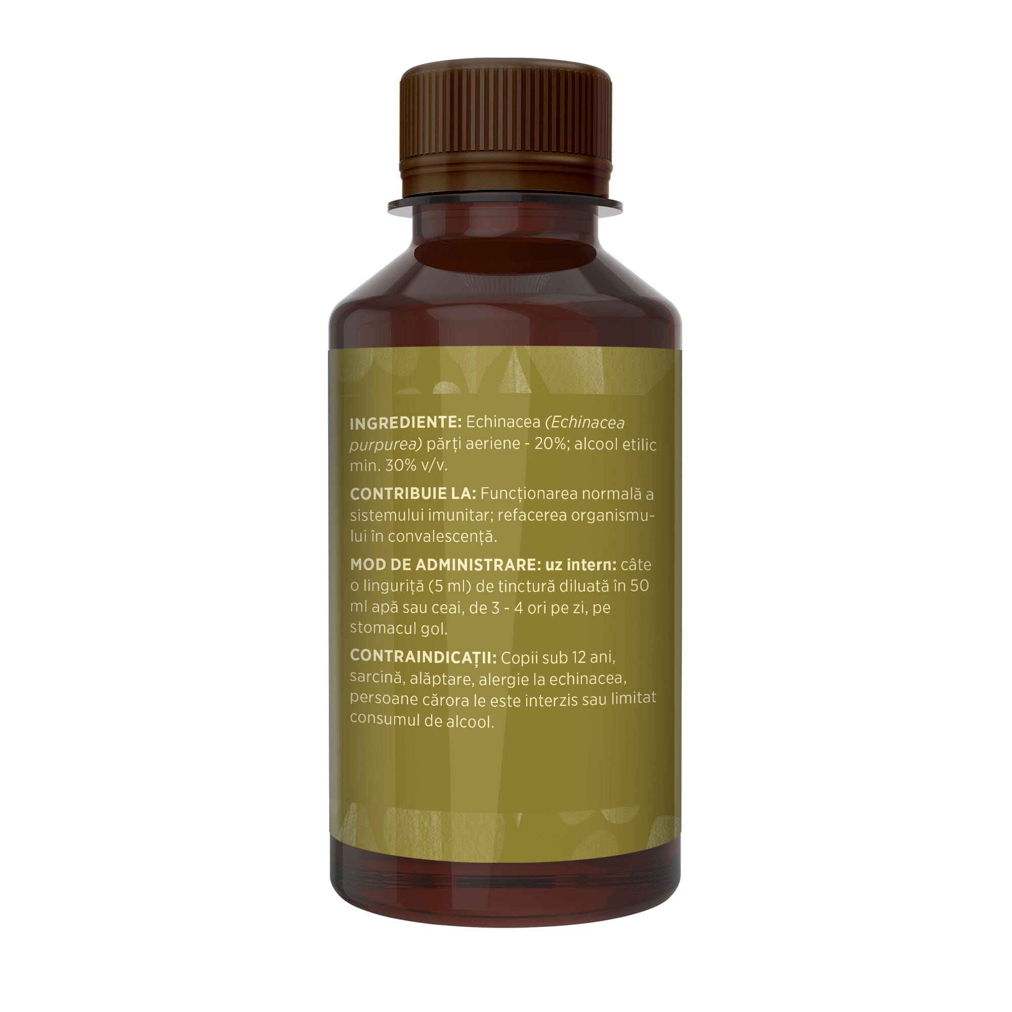 Imagine din lateral stânga cu flacon Tinctură Echinacea 200 ml de la Faunus Plant cu detalii despre proprietăți, ingrediente, mod de administrare și contraindicații