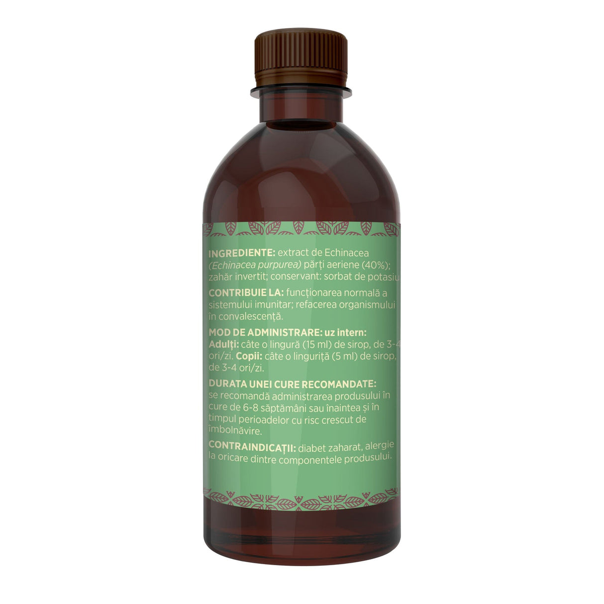 Imagine din lateral stânga cu Sirop Echinacea 500ml Faunus Plant, cu detalii despre ingrediente, proprietăți, mod de utilizare, dar și contraindicații.