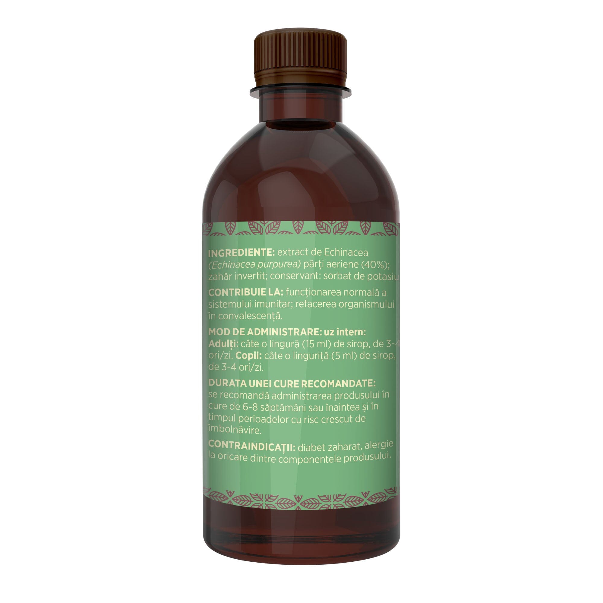 Imagine din lateral stânga cu Sirop Echinacea 500ml Faunus Plant, cu detalii despre ingrediente, proprietăți, mod de utilizare, dar și contraindicații.