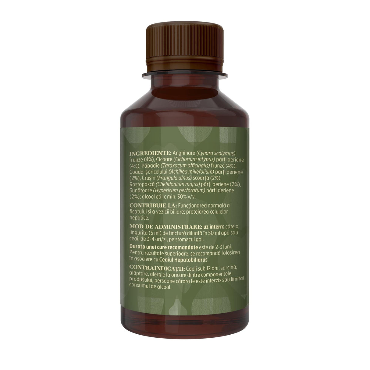 Imagine din lateral stânga cu flacon Tinctură Hepatobiliarus 200 ml de la Faunus Plant cu detalii despre proprietăți, ingrediente, mod de administrare și contraindicații.