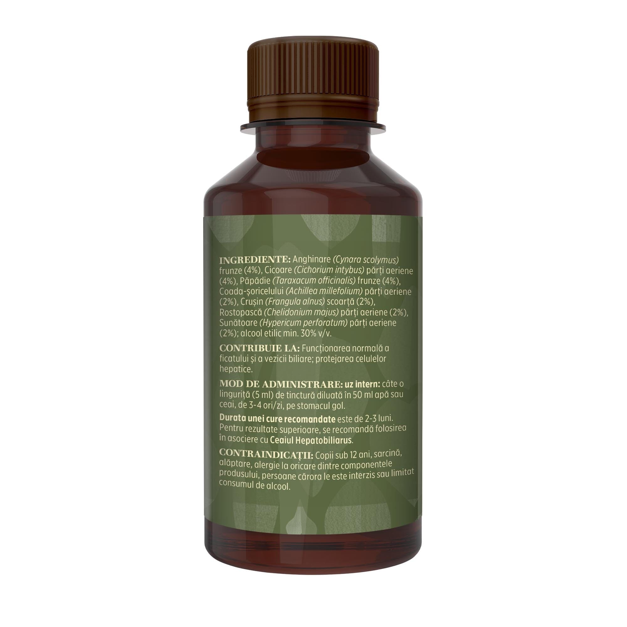 Imagine din lateral stânga cu flacon Tinctură Hepatobiliarus 200 ml de la Faunus Plant cu detalii despre proprietăți, ingrediente, mod de administrare și contraindicații.