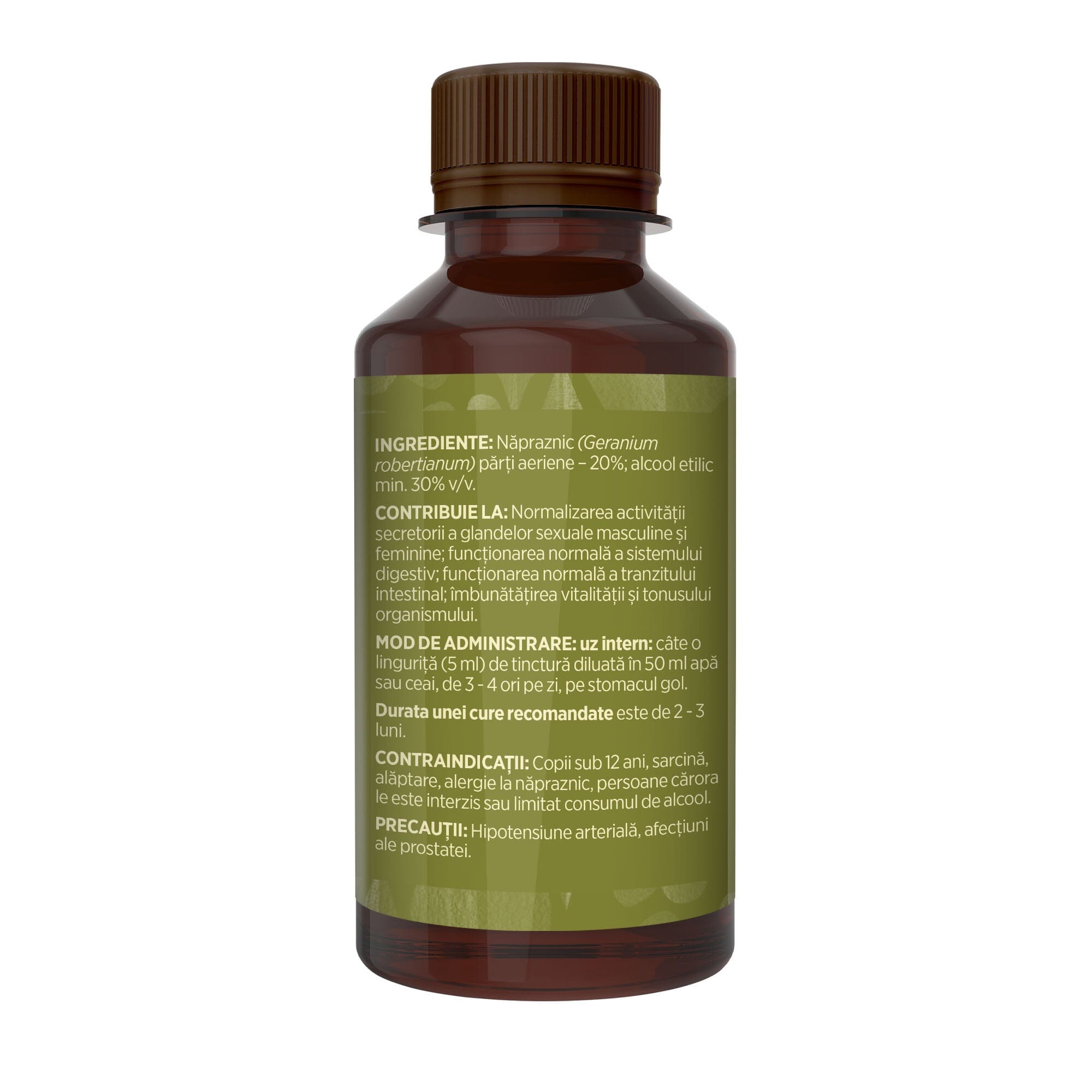 Imagine din lateral stânga cu flacon Tinctură Năpraznic 200 ml de la Faunus Plant cu detalii despre proprietăți, ingrediente, mod de administrare și contraindicații.