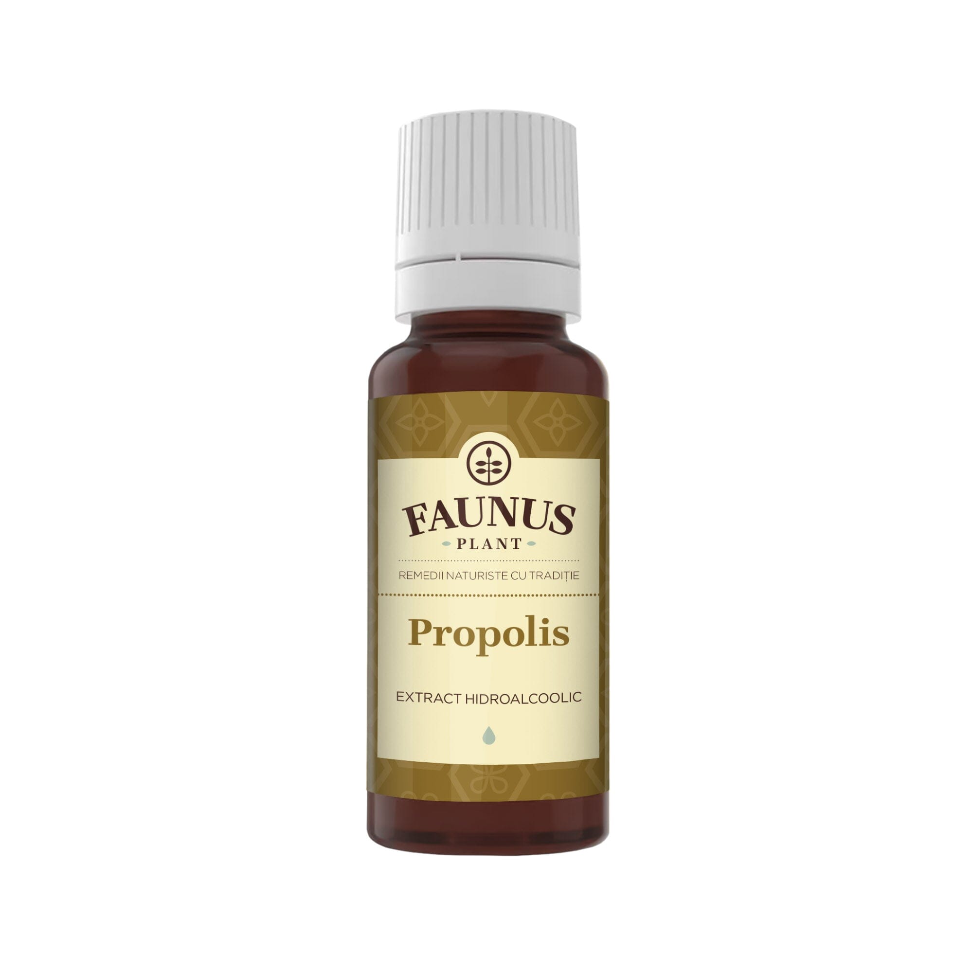 Flaconul de Tinctură Propolis 20ml de la Faunus Plant, vedere frontală. Extract hidroalcoolic de propolis, etichetă în nuanțe aurii, destinat detoxifierii și susținerii sistemului imunitar.