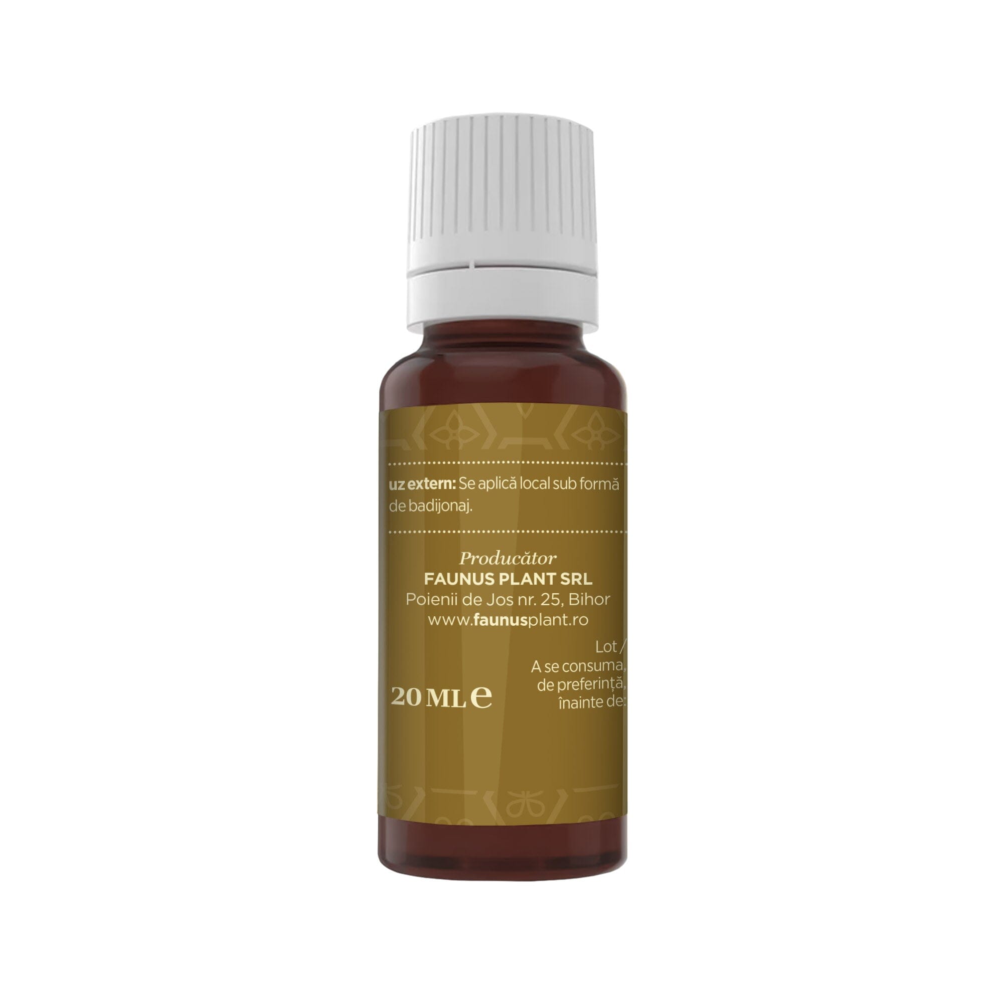Imagine din lateral stânga cu flacon Tinctură Propolis 20 ml de la Faunus Plant cu detalii despre proprietăți, ingrediente, mod de administrare și contraindicații