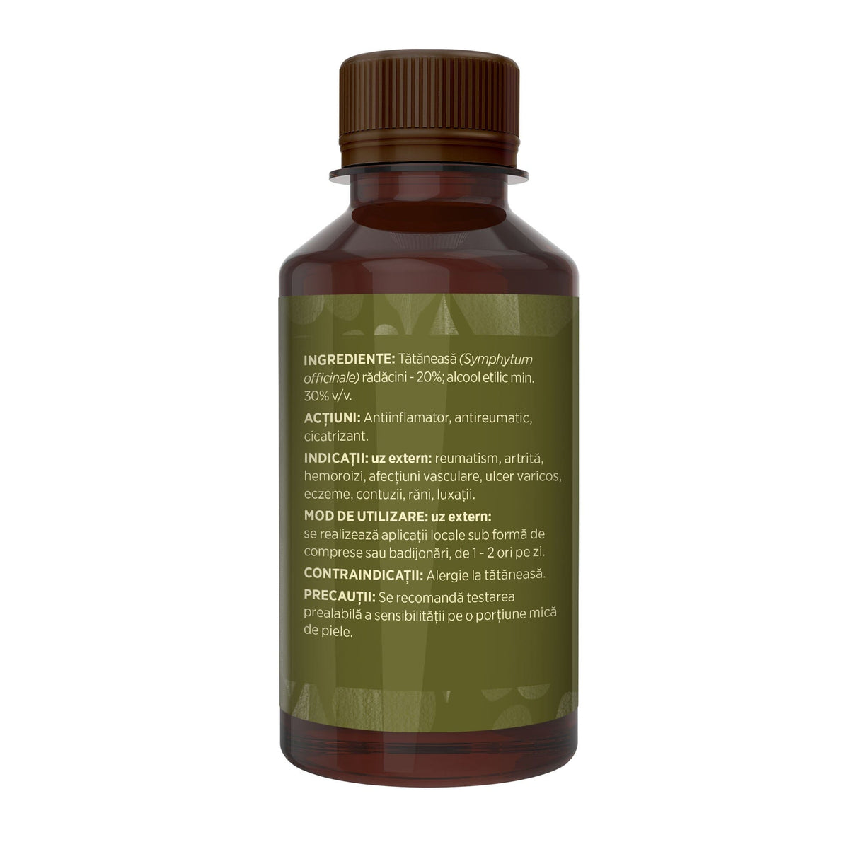 Flaconul tincturii Tătăneasă de 200 ml, fotografiat din lateral stânga, cu detalii despre ingrediente, proprietăți, mod de utilizare, contraindicații și precauții.