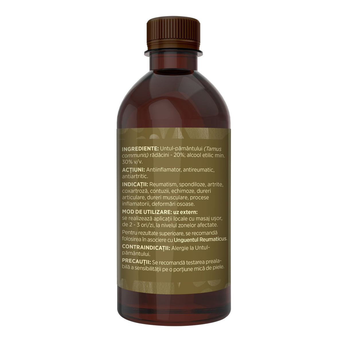 Flaconul tincturii Untul Pământului de 500 ml, fotografiat din lateral stânga, cu detalii despre ingrediente, proprietăți, mod de utilizare, contraindicații și precauții.