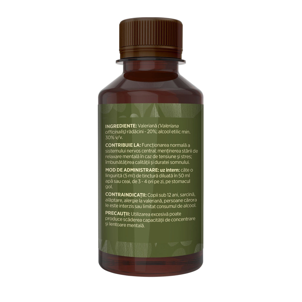 Flaconul tincturii Valeriană de 200 ml, fotografiat din lateral stânga, cu detalii despre ingrediente, proprietăți, mod de utilizare, contraindicații și precauții.