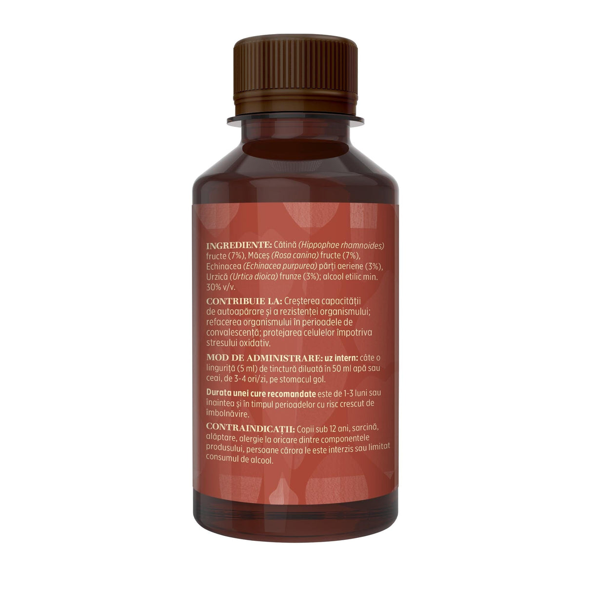 Flaconul tincturii Vitaminizantus de 200 ml, fotografiat din lateral stânga, cu detalii despre ingrediente, proprietăți, mod de utilizare, contraindicații și precauții.