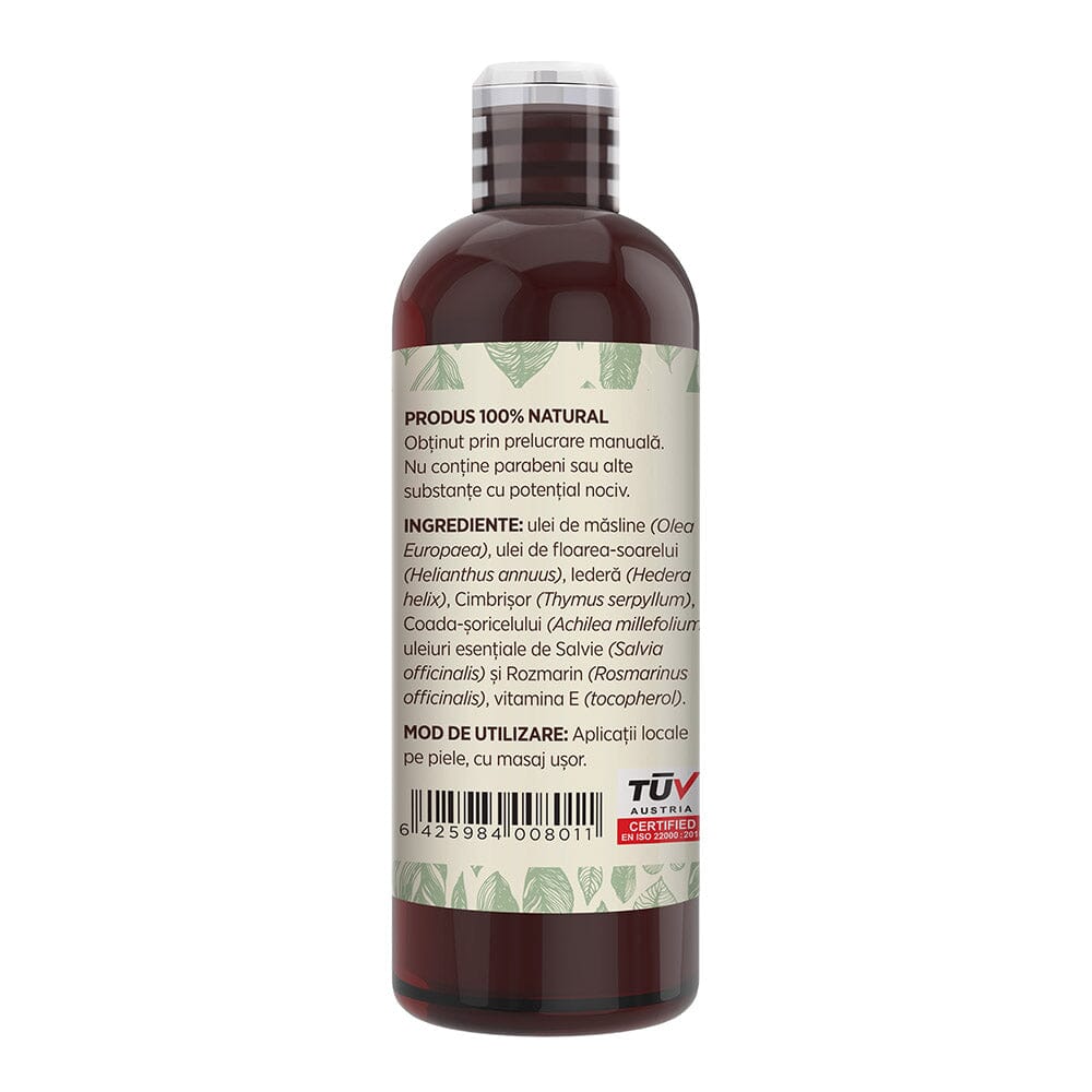 Flacon Ulei de Masaj Anticelulitic Faunus Plant, vedere laterală stânga, eticheta cu detalii despre ingrediente și mod de utilizare.