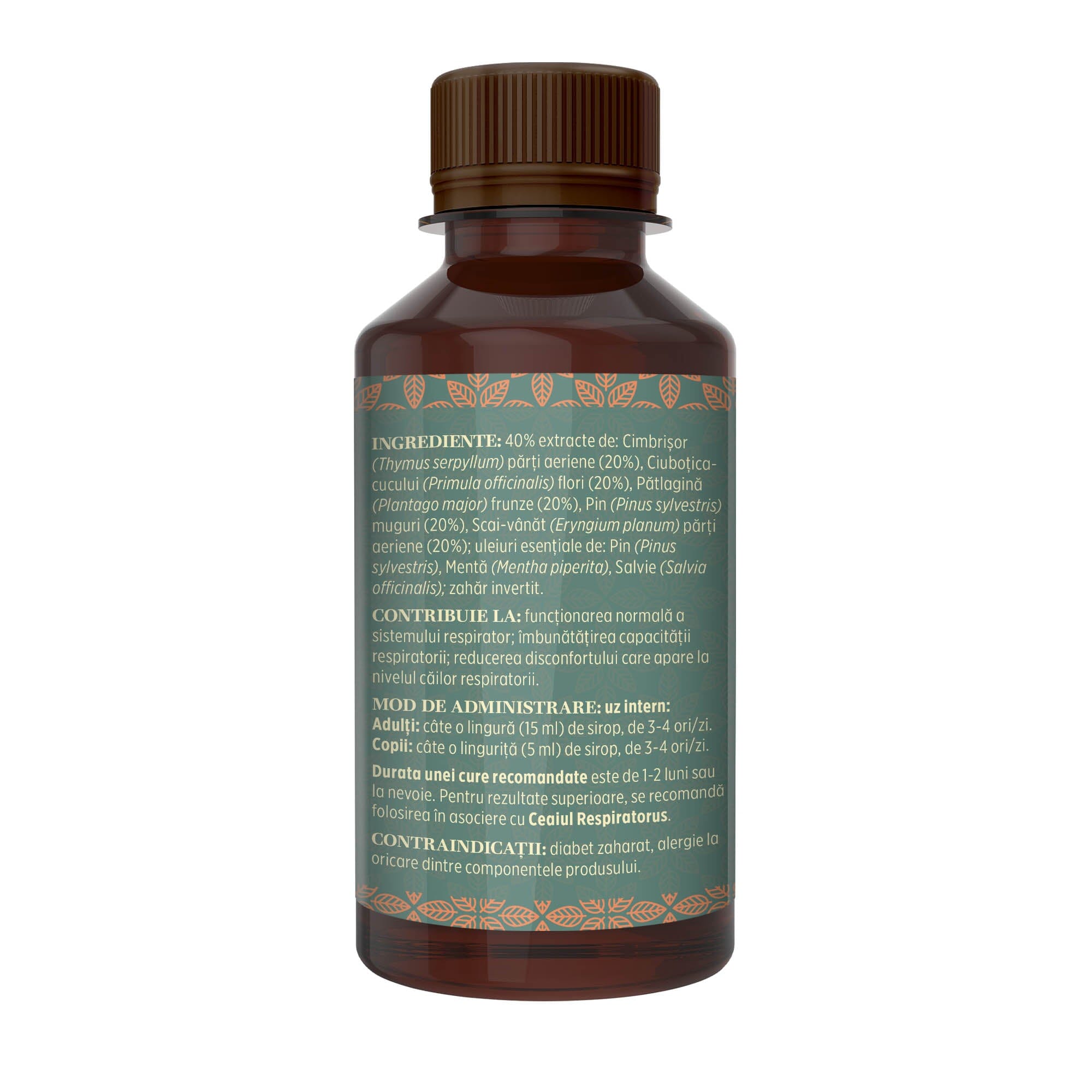 Imagine din lateral stânga al Siropului Respiratorus 200 ml, cu detalii despre ingrediente, proprietăți, mod de utilizare, dar și contraindicații