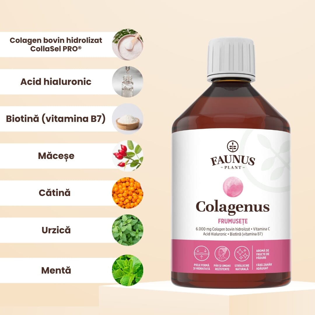 Colagenus Frumusețe - Colagen lichid hidrolizat cu acid hialuronic și biotină. Flacon 500ml. Susține sănătatea și frumusețea pielii, unghiilor și părului. Reduce ridurile și căderea părului. Întărește unghiile Supliment alimentar Faunus Plant