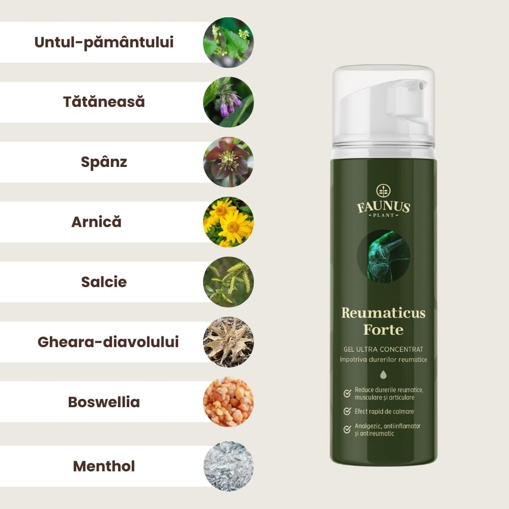Flacon gel Reumaticus Forte de la Faunus Plant din față, cu listă de ingrediente, unul sub altul, cu câte o imagine reprezentativă pentru fiecare.