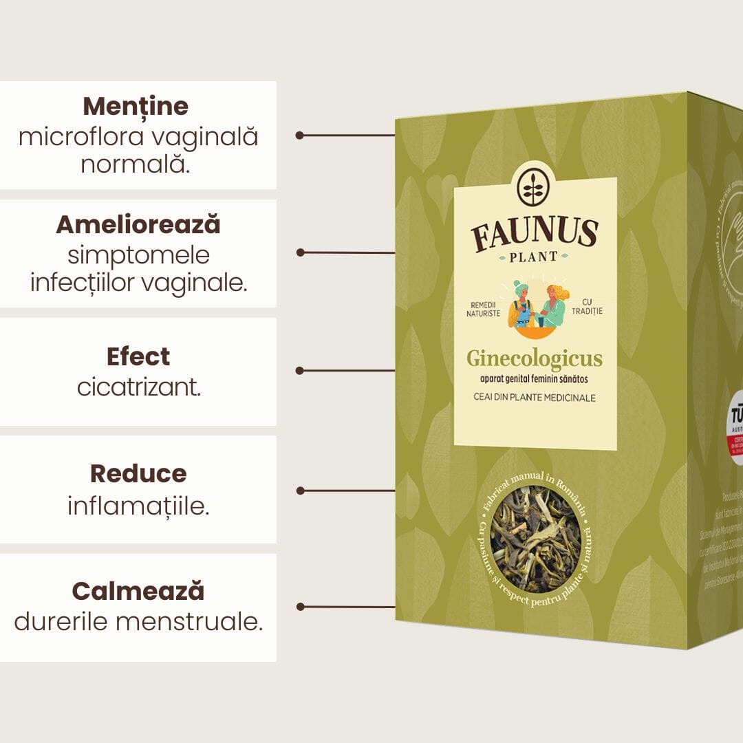 Grafică beneficiile Ceaiului Ginecologicus 90g de la Faunus Plant, evidențiind principalele efecte ale produsului: menține microflora vaginală normală, ameliorează simptomele infecțiilor vaginale, are efect cicatrizant, reduce inflamațiile și calmează durerile menstruale.