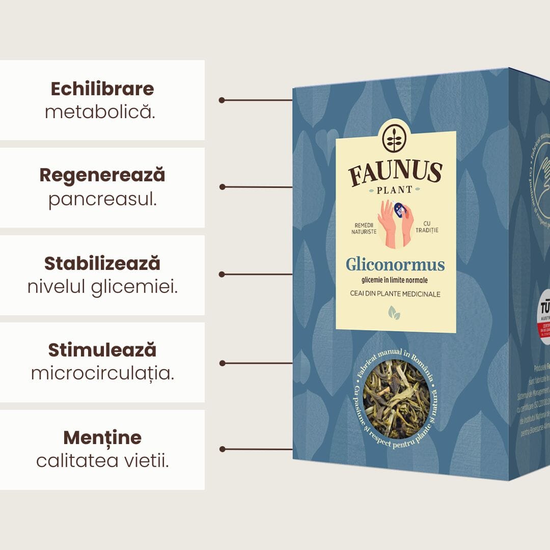 Grafica Beneficii Ceai Gliconormus 90g de la Faunus Plant: Imagine grafică a beneficiilor Ceaiului Gliconormus 90g de la Faunus Plant, cu indicații pentru echilibrarea metabolică, regenerarea pancreasului, stabilizarea nivelului glicemiei, stimularea microcirculației și menținerea calității vieții.