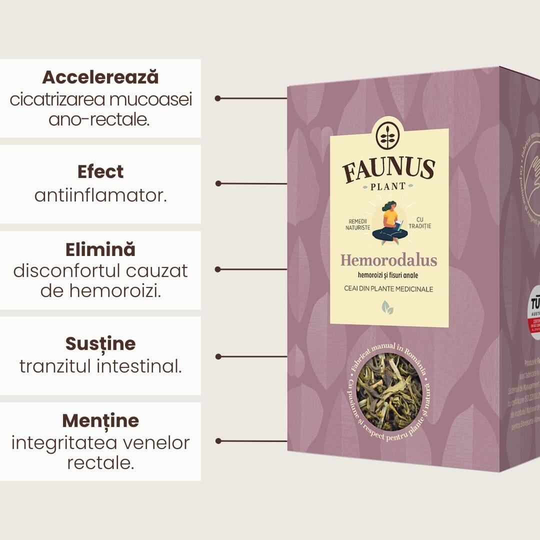 Grafica Beneficii Ceai Hemorodalus 90g de la Faunus Plant: Imagine grafică care evidențiază beneficiile Ceaiului Hemorodalus 90g de la Faunus Plant, inclusiv efectul antiinflamator, susținerea integrității venoase rectale, eliminarea disconfortului cauzat de hemoroizi, susținerea tranzitului intestinal și accelerarea cicatrizării mucoasei ano-rectale.