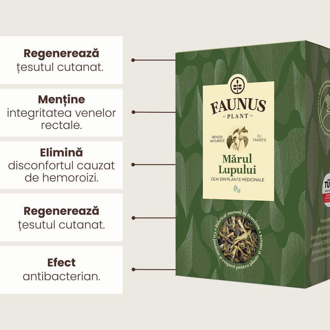 Imagine grafică a cutiei de Ceai "Mărul Lupului" evidențiind beneficiile produsului: regenerează țesutul cutanat, menține integritatea venelor rectale, elimină disconfortul cauzat de hemoroizi și oferă efect antibacterian.