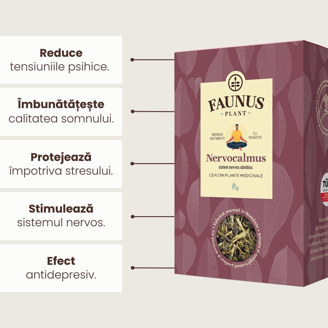 Grafica Beneficii Ceai Nervocalmus 90g de la Faunus Plant: Grafică ce evidențiază beneficiile Ceaiului Nervocalmus, inclusiv reducerea tensiunilor psihice, îmbunătățirea calității somnului, protecția împotriva stresului, stimularea sistemului nervos și efectul antidepresiv.