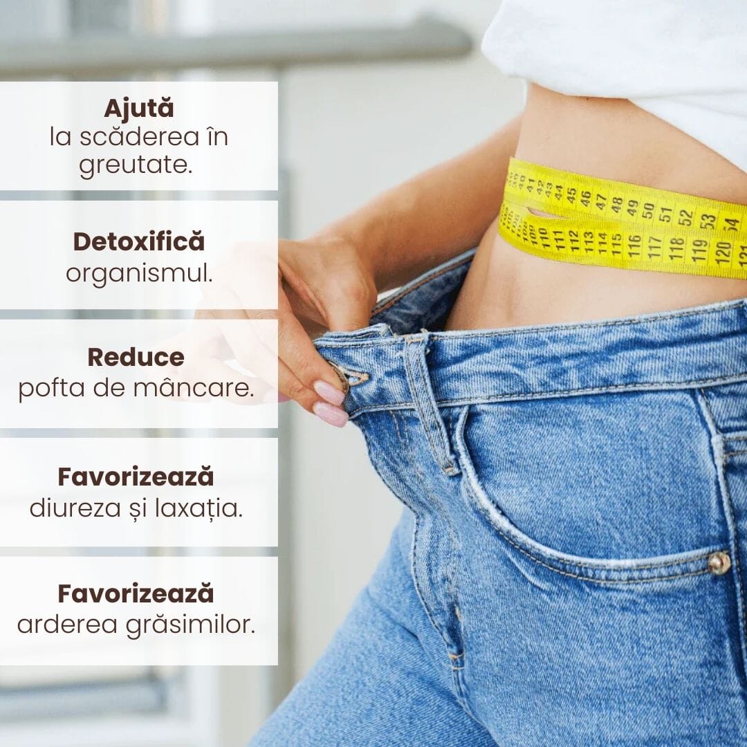 Beneficiile Pachetului Siluetus de la Faunus Plant prezentate vizual: ajută la scăderea în greutate, detoxifică organismul, reduce pofta de mâncare, favorizează diureza și arderile grăsimilor. Imaginea include detalii grafice alături de un fundal cu o persoană măsurându-și talia.