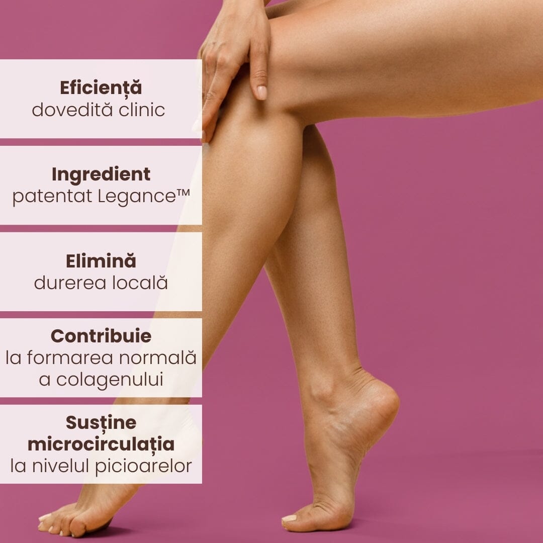 Imagine cu picioarele unei femei, stând pe vârfuri, pe fundal de culoare roz, având scrise în partea stângă în chenare albe, principalele beneficii ale produselor Veinosan de la Faunus Plant, gel și capsule