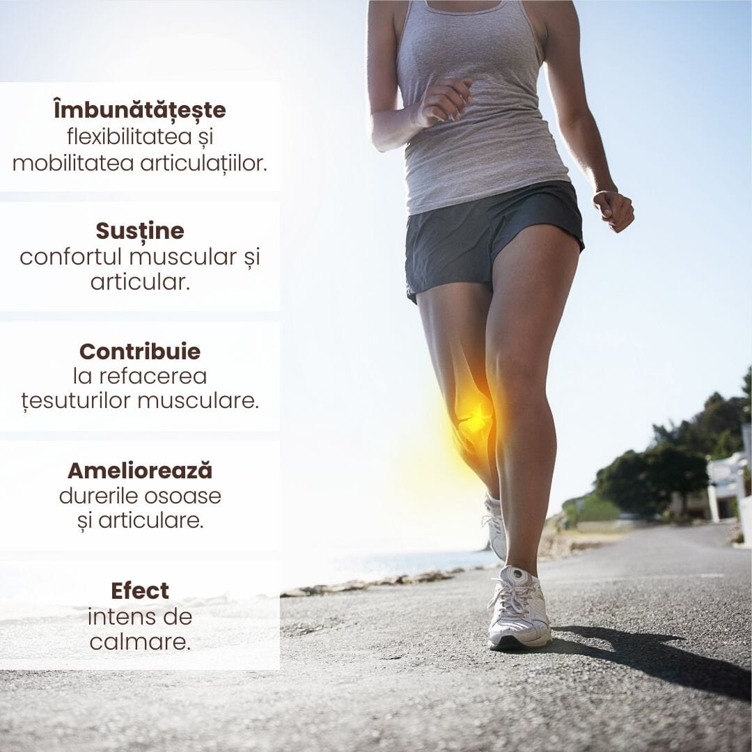 Beneficiile principale oferite de Pachetul Mobilitate și Recuperare de la Faunus Plant, listate unul sub altul, având o imagine de fundal cu o femeie care aleargă pe o faleză, îmbrăcată sport. Pe genunchiul drept are desenată structura osoasă, cu galben.