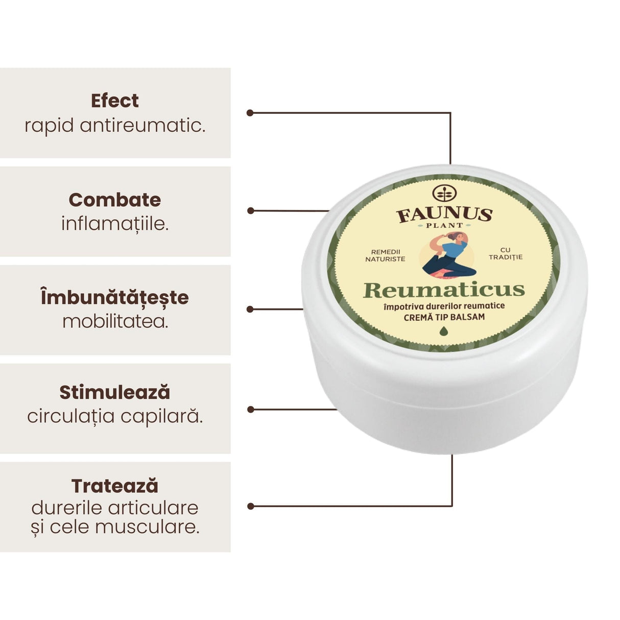 Imagine grafică care evidențiază beneficiile Unguentului Reumaticus 100 ml de la Faunus Plant, inclusiv faptul că are efect antireumatic, combate inflamațiile, îmbunătățește mobilitatea, stimulează circulația capilară și tratează durerile articulare și cele musculare.