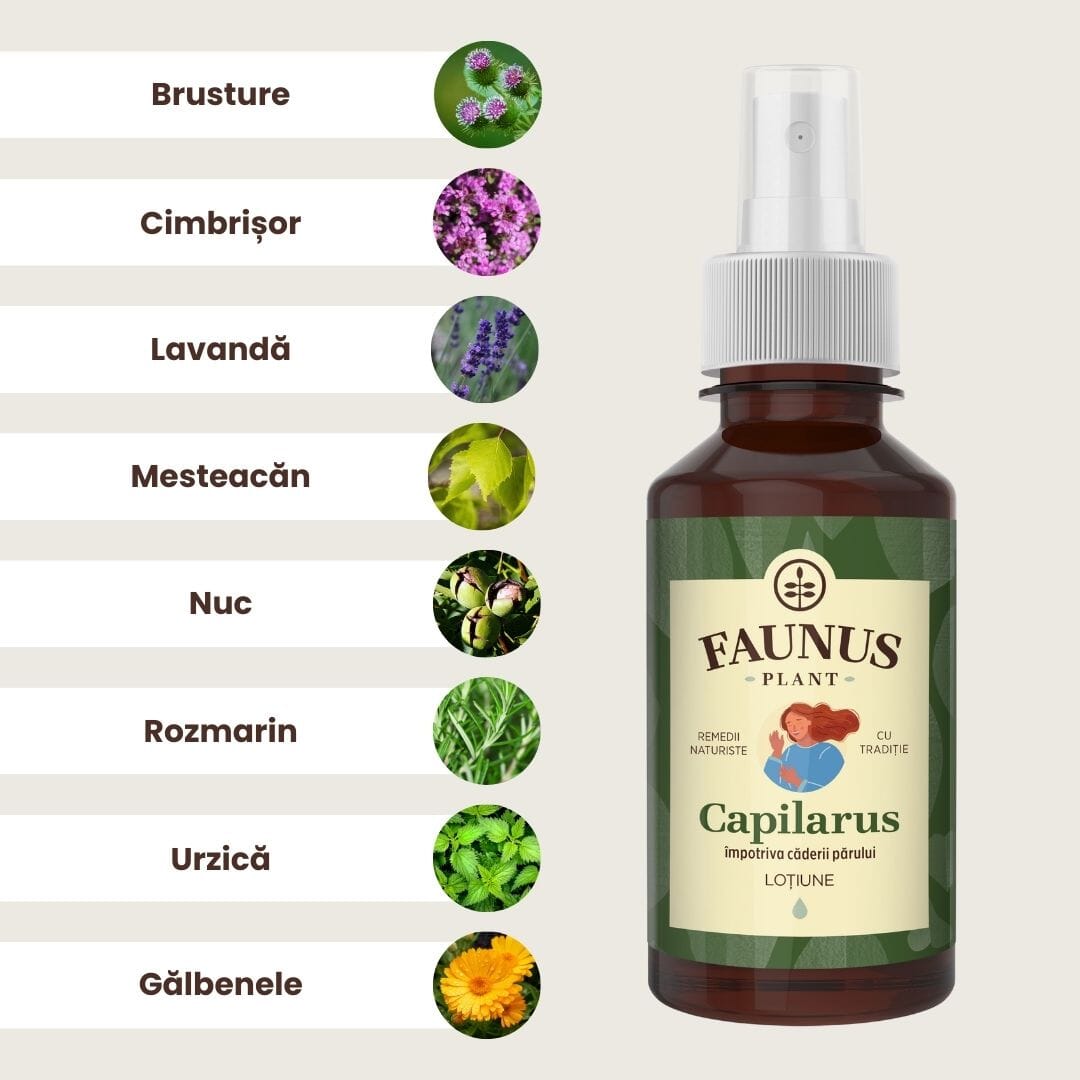 Lista ingredientelor principale ale loțiunii Capilarus, inclusiv brusture, cimbru și lavandă, în chenar alb alături de câte o imagine reprezentativă, având în partea dreaptă flaconul de loțiune.