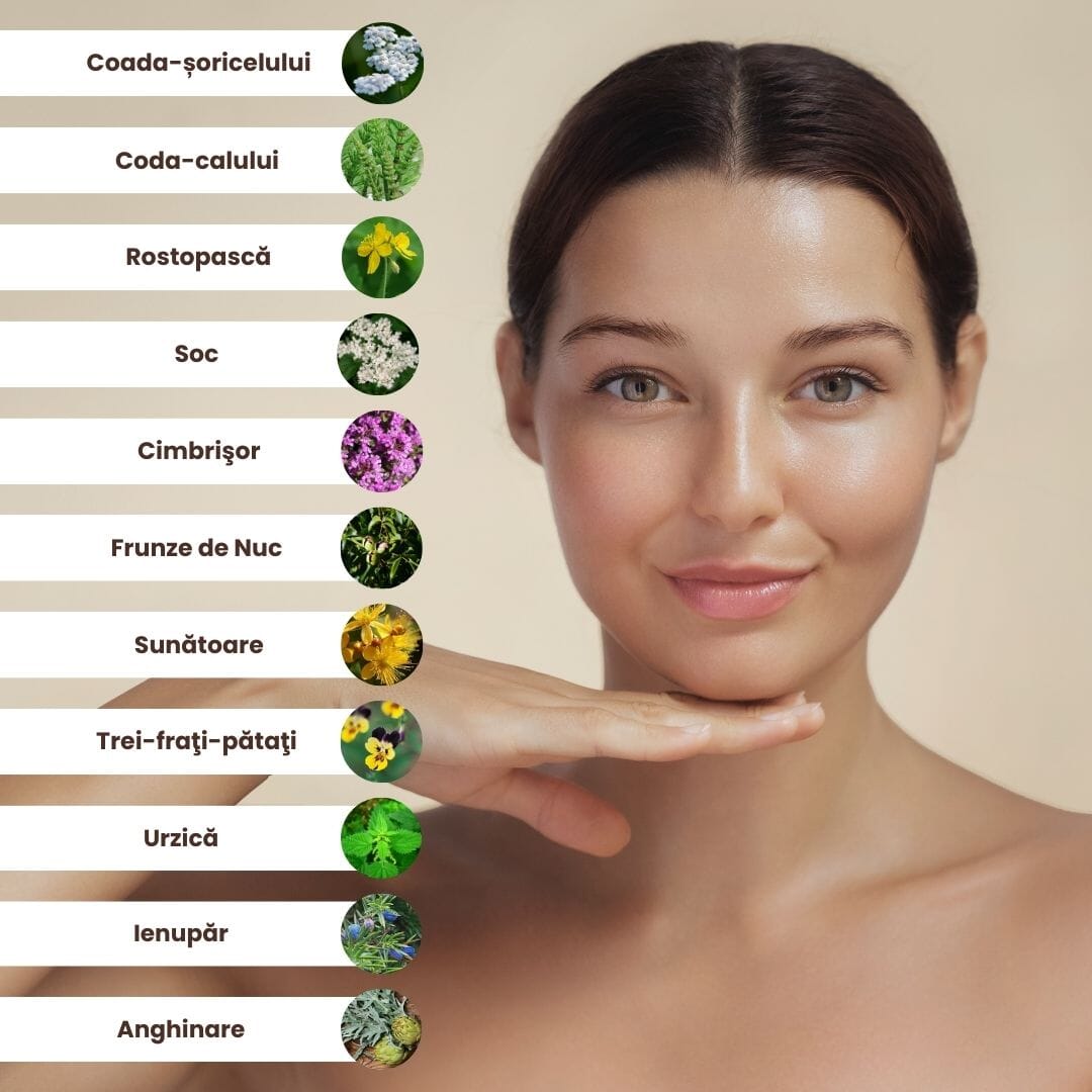 Lista ingredientelor naturale din Pachetul Acnee și Eczeme de la Faunus Plant: coada-șoricelului, coda-calului, rostopască, soc, cimbrișor, frunze de nuc, sunătoare, trei-frați-pătați, urzică, ienupăr, anghinare.