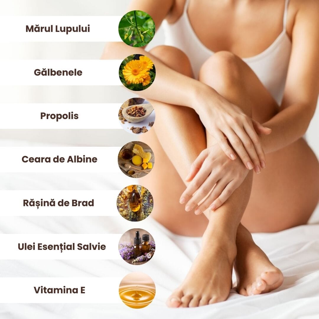 Grafică ingredientele Pachet Arsuri, Răni și Mușcături de la Faunus Plant. Imagine ilustrativă a ingredientelor naturale: propolis, mărul lupului, gălbenele, ceară de albine, rășină de brad, ulei esențial de salvie și vitamina E.