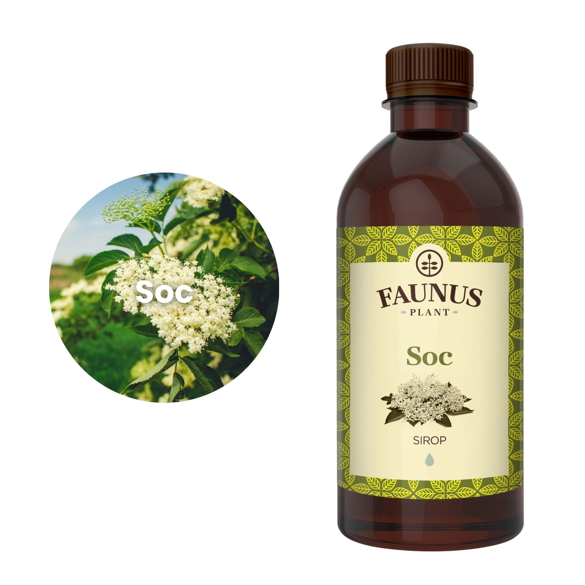 Imagine tip medalion cu ingredientul principal al Siropului de Soc 500ml, având pe mijloc textul Soc scris cu alb, iar în partea dreaptă flaconul de sirop.