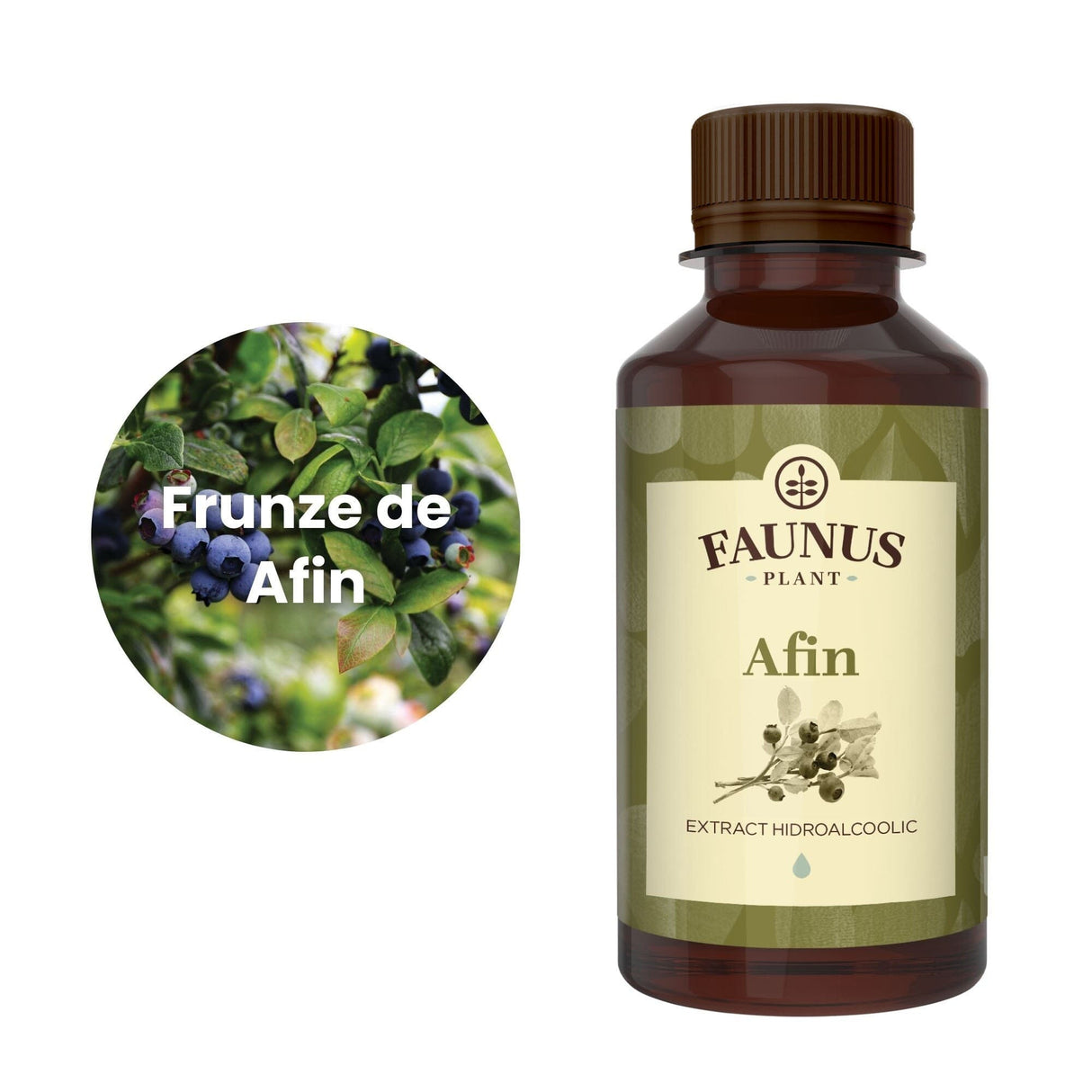 Flaconul de Tinctură Afin 200 ml  alături de o poză cu ingredientul principal, frunzele de afin