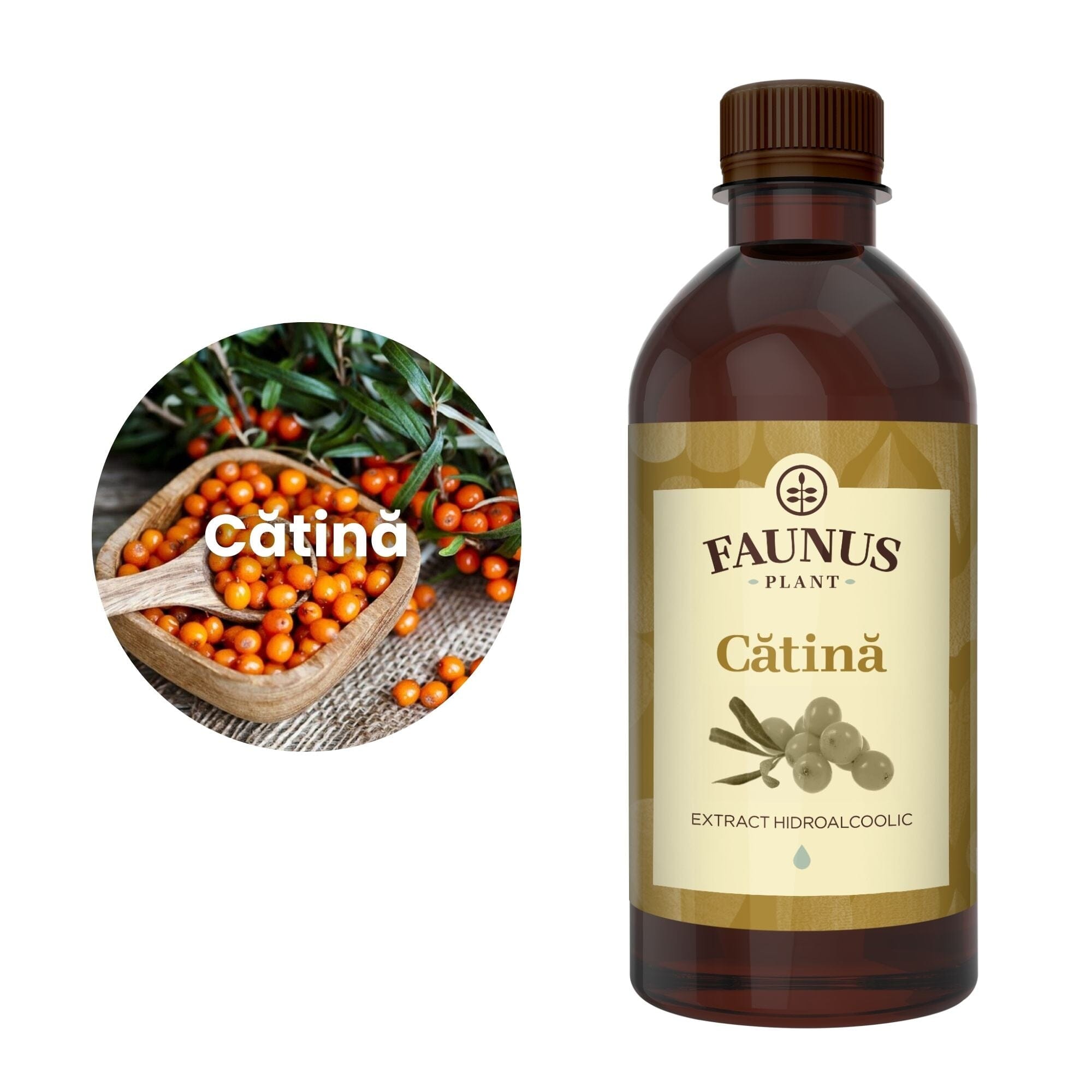 Flaconul de Tinctură Cătină 500 ml alături de o poză cu ingredientul principal, cătina