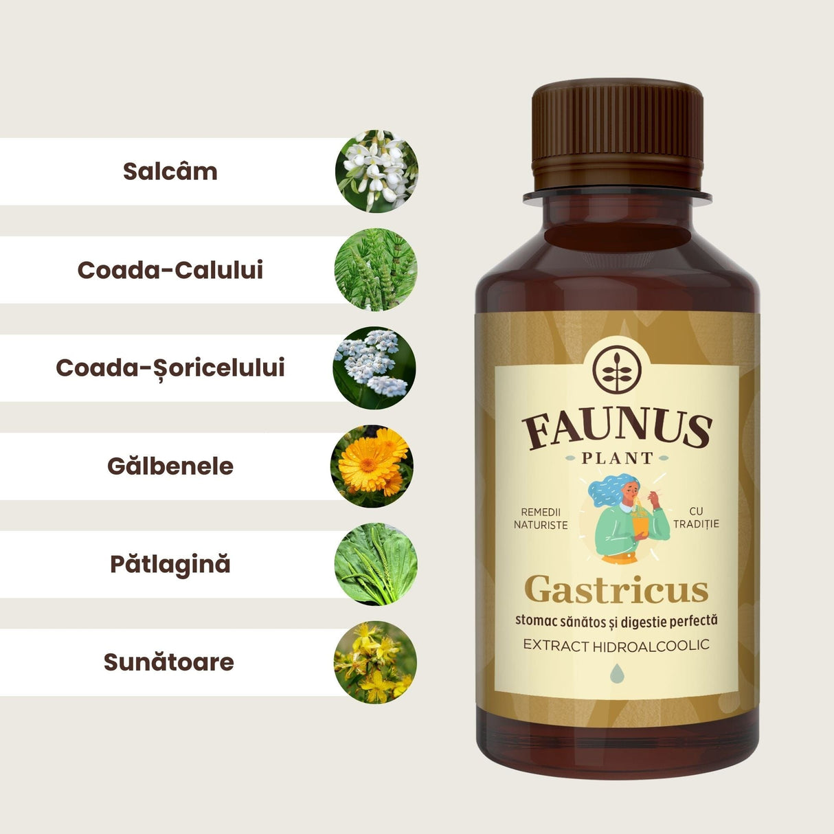 Flaconul de Tinctură Gențiana 200 ml alături de o poză cu ingredientele principale: salcâm, coada-calului, coada-șoricelului, gălbenele, pătlagină, sunătoare.