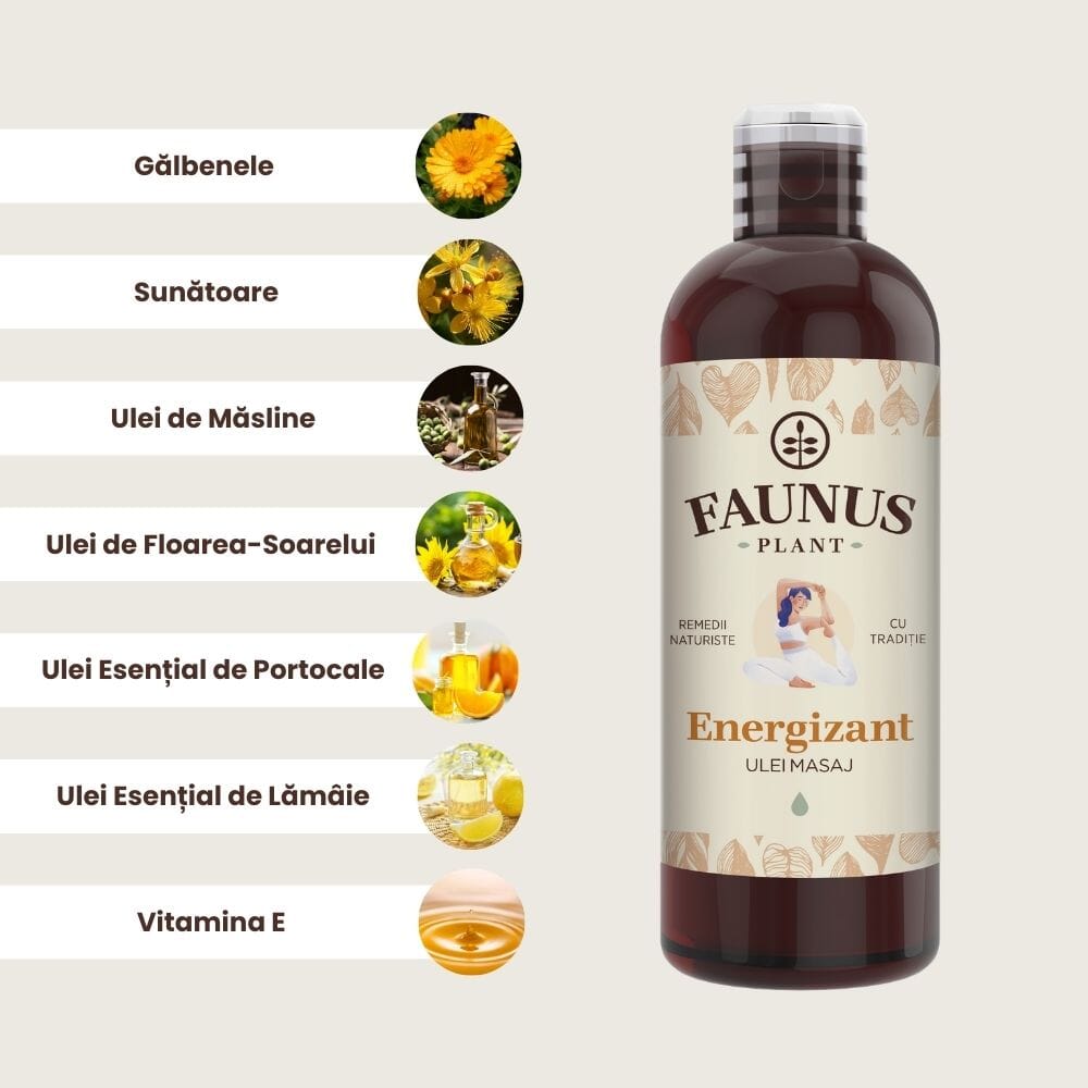Ilustrație cu ingredientele principale ale Uleiului de Masaj Energizant: ulei de măsline (Olea Europaea), ulei de floarea-soarelui (Helianthus annuus), gălbenele (Calendula officinalis), sunătoare (Hypericum perforatum), uleiuri esențiale de portocale (Citrus sinensis) și lămâie (Citrus limon), vitamina E (tocopherol).