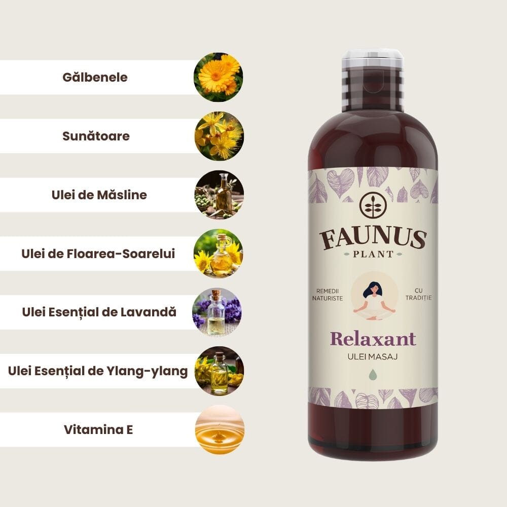 Element grafic evidențiind ingredientele cheie din Uleiul Masaj Relaxant: gălbenele, sunătoare, ulei de măsline, ulei de floarea-soarelui, ulei esențial de lavandă, ulei esențial de ylang-ylang și vitamina E.