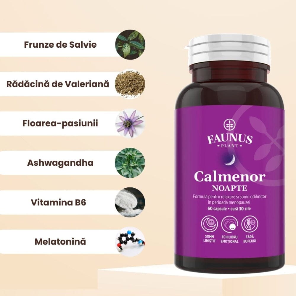 Flacon Calmenor Noapte fotografiat din față, având alături ingredientele principale cu fotografii tip medalion și denumirile lor.