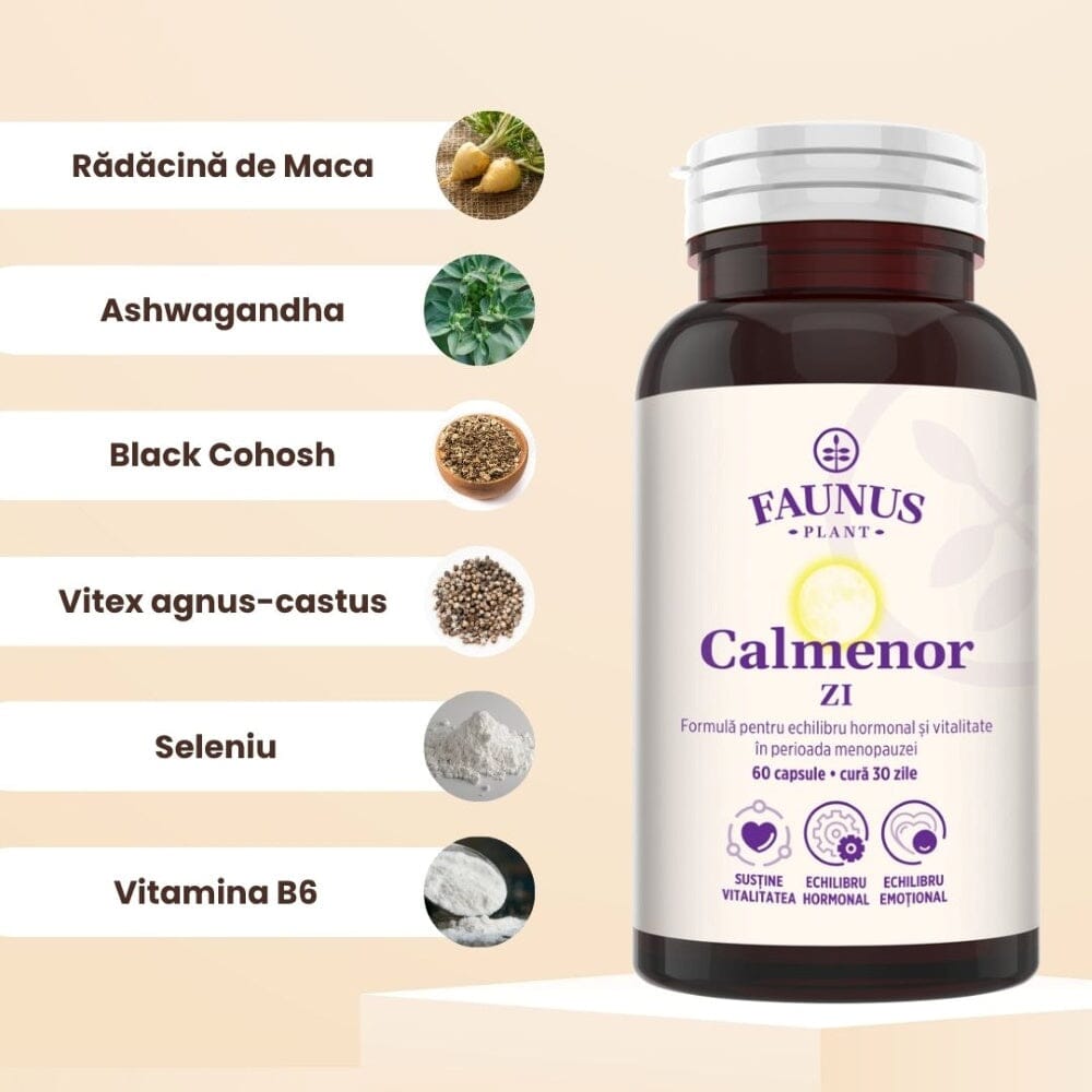 Flacon Calmenor Zi fotografiat din față, având alături ingredientele principale cu fotografii tip medalion și denumirile lor.