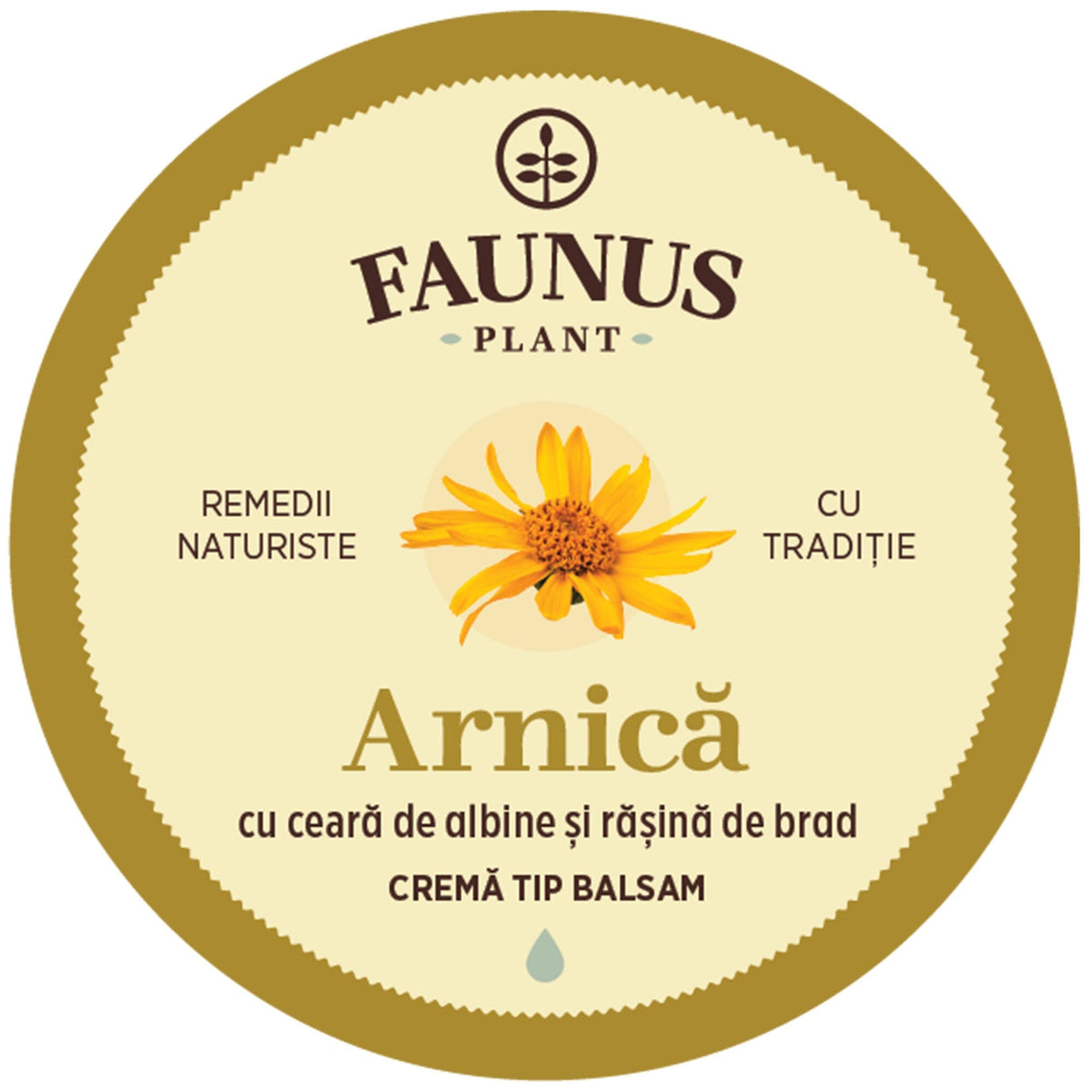 Eticheta capacului Unguentului Arnica 50ml de la Faunus Plant, cu ilustrație centrală a plantei Arnica montana și text ce indică remediu natural cu tradiție, destinat îngrijirii durerilor articulare și musculare. Cu ceară de albine și rășină de brad. Cremă tip balsam.